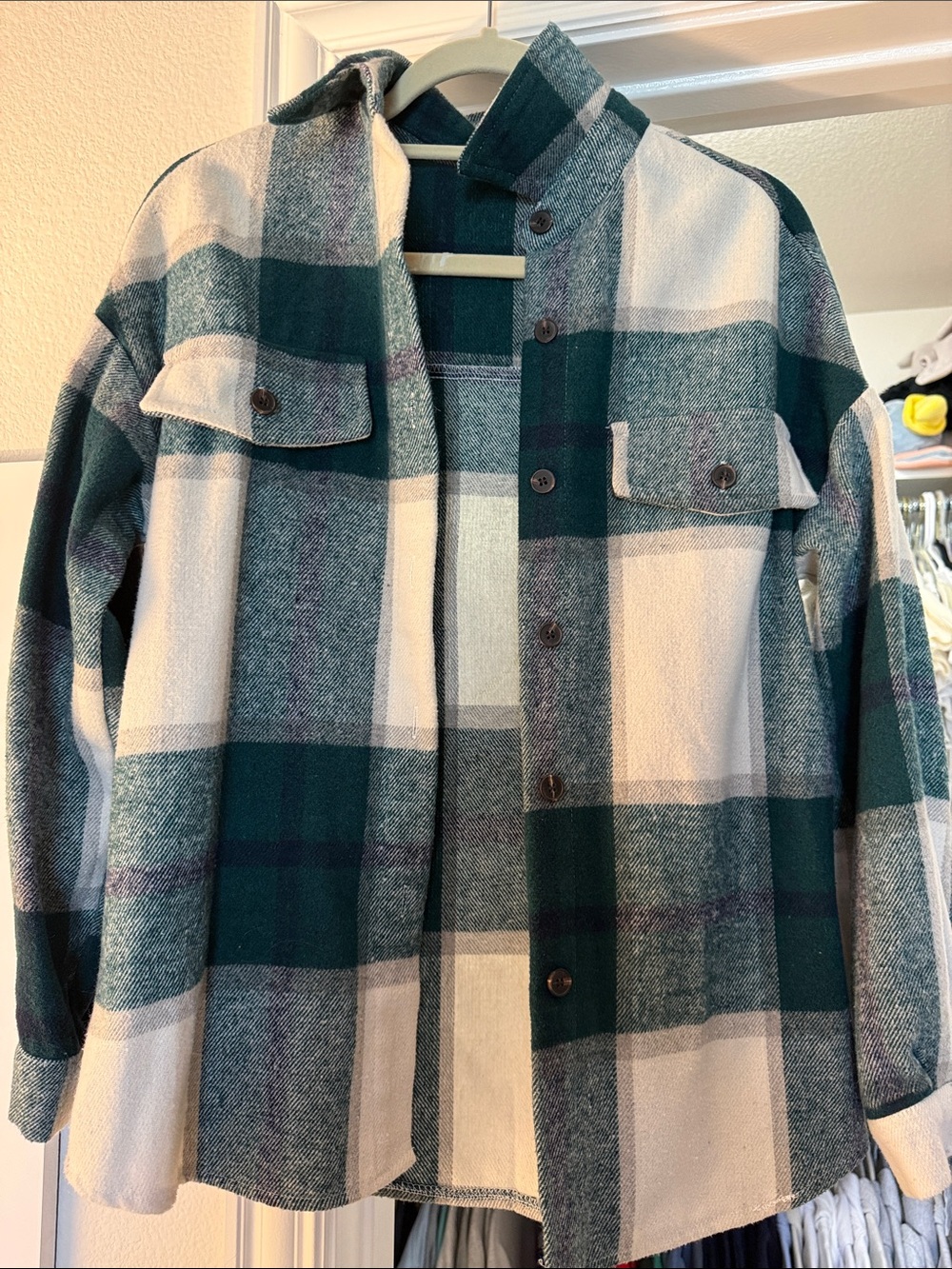 Green and White Plaid Button-Up Shacket